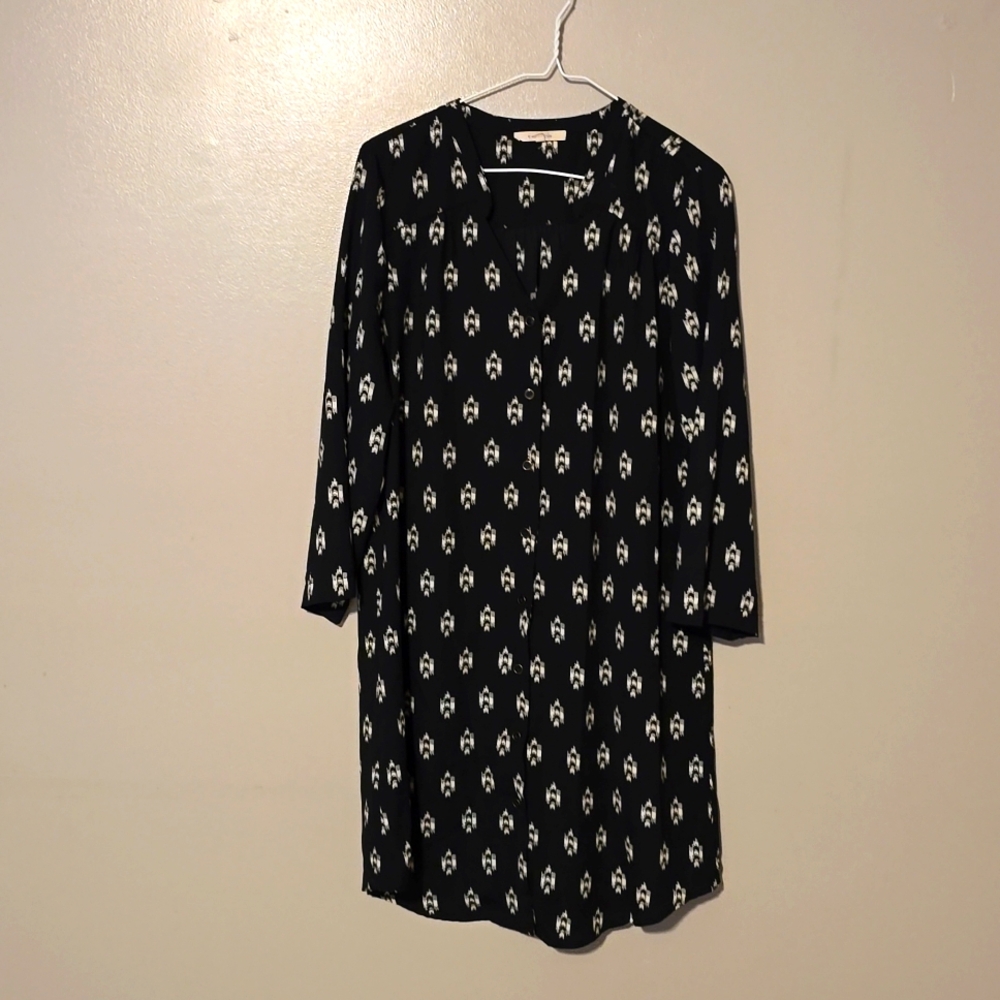 41 Hawthorn Womens Shirt Dress M Black Geometric 3/4 Roll Tab Sleeve Button Down